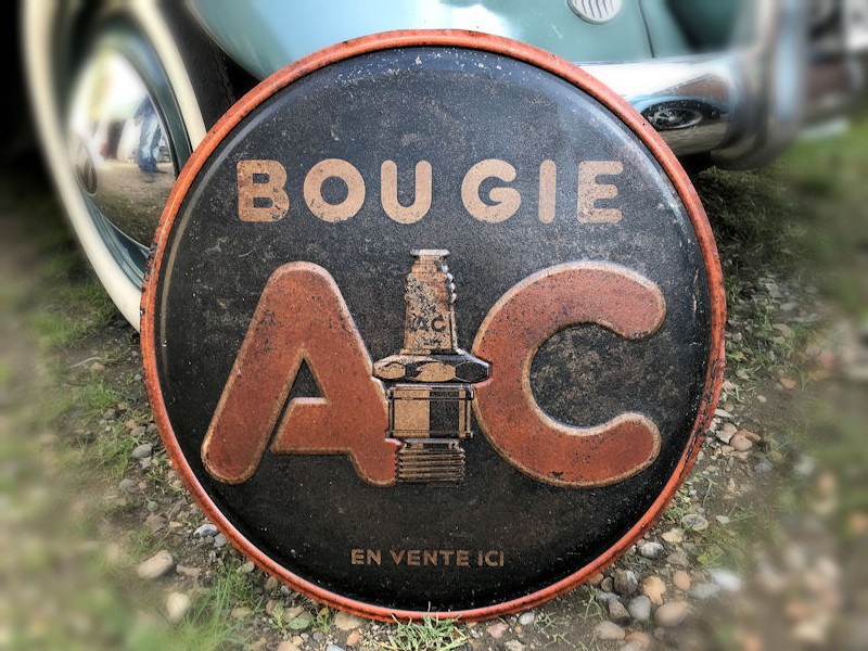 Circular embossed tin Bougie spark plug AC sign