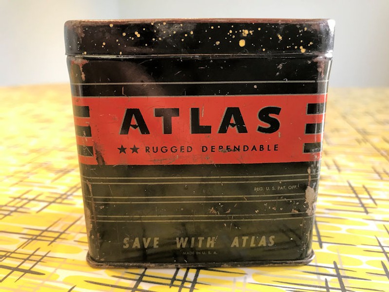 1950s Atlas battery shaped money tin