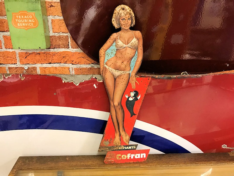 Vintage Cofran Lubricants die cut tin pin up girl