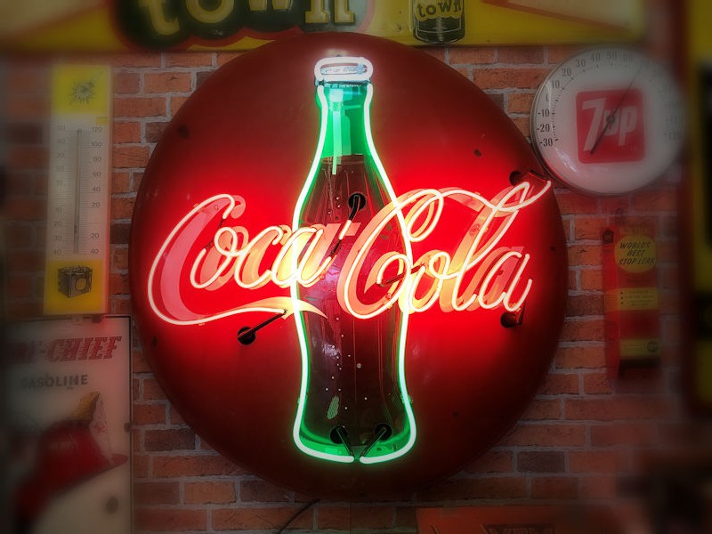 Original 1950s 36 inch enamel Coca Cola button with neon