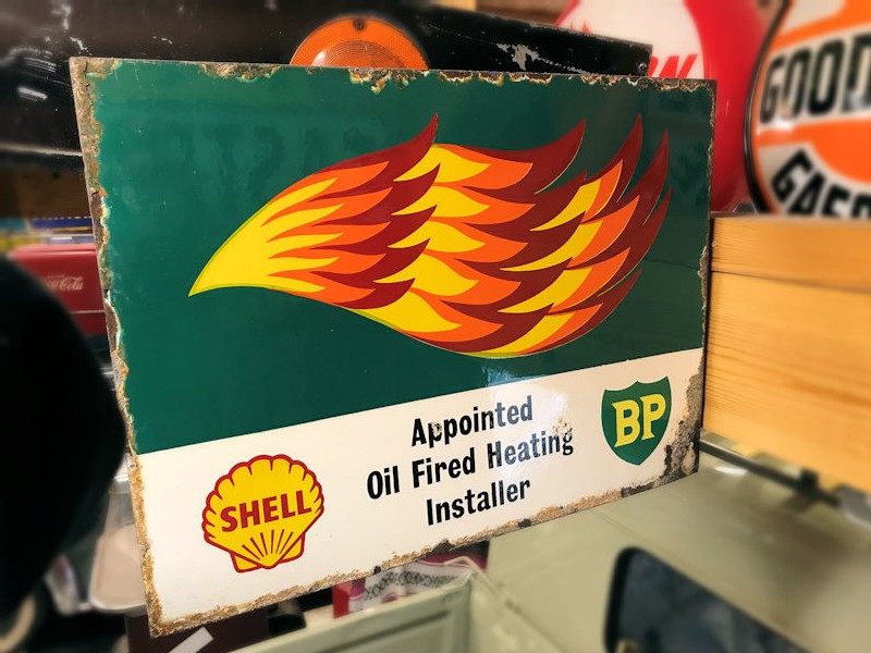 Double sided enamel Shell BP flame flange sign