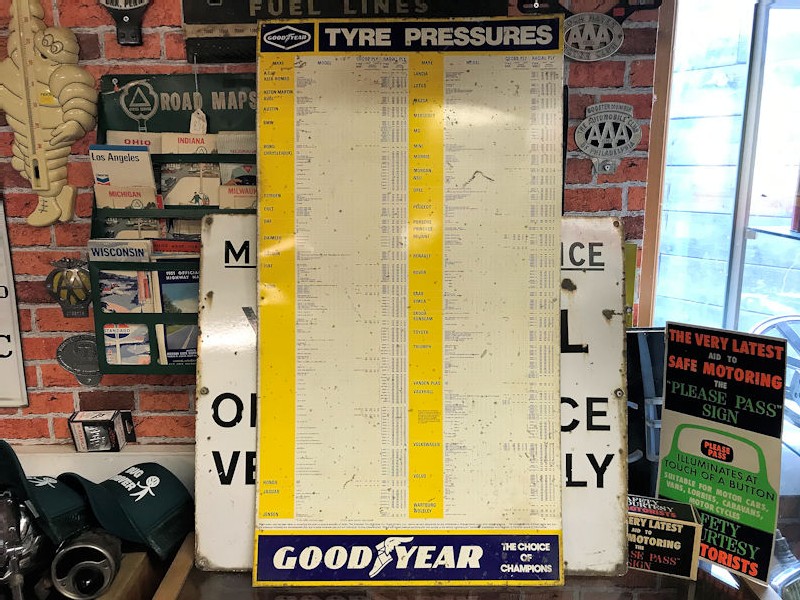 Printed tin Goodyear tyre pressures chart
