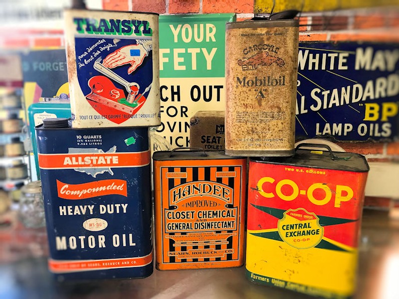 Selection of vintage oil cans