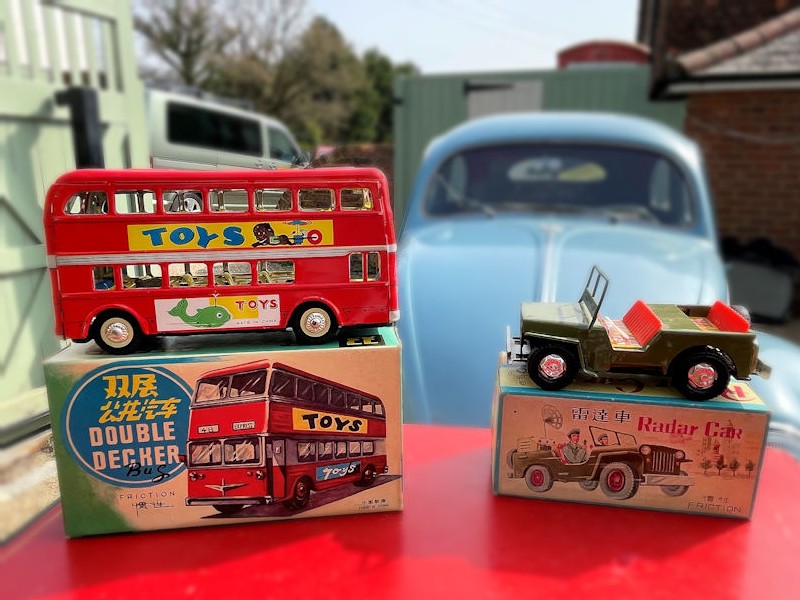 Tin plate bus and Army jeep truck