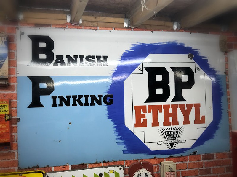 Rare enamel BP Ethyl Banish Pinking sign