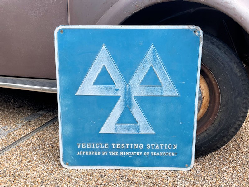 Embossed aluminium 1970s MOT vehicle testing station sign