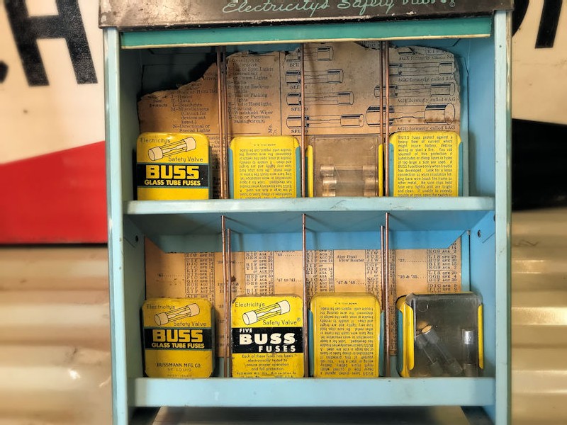 Original 1950s Buss fuses counter display and fuses