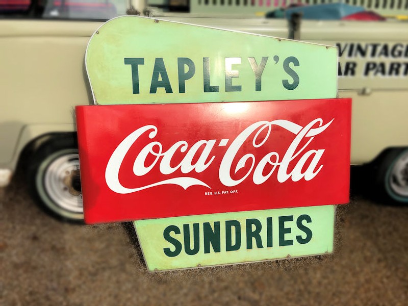 Original double sided enamel Tapleys Sundries grocery store Coca Cola sign