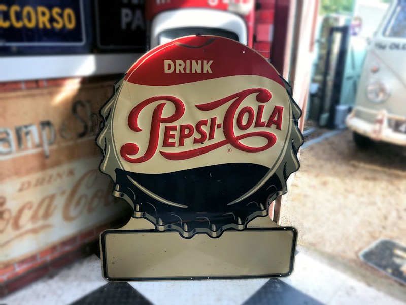 Original 1950s embossed tin Pepsi bottle cap sign