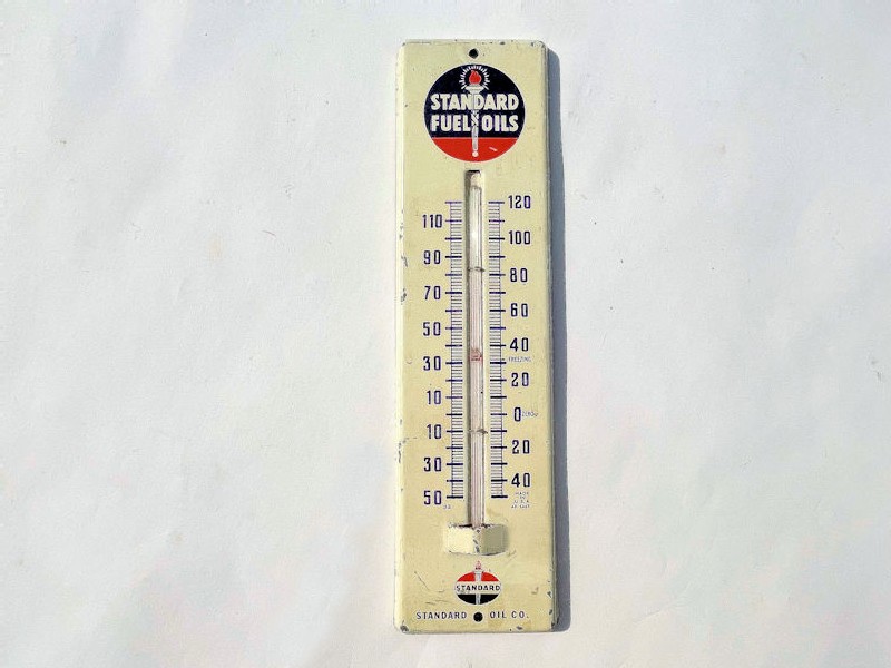 Original Standard Fuel Oils dealership painted tin thermometer 