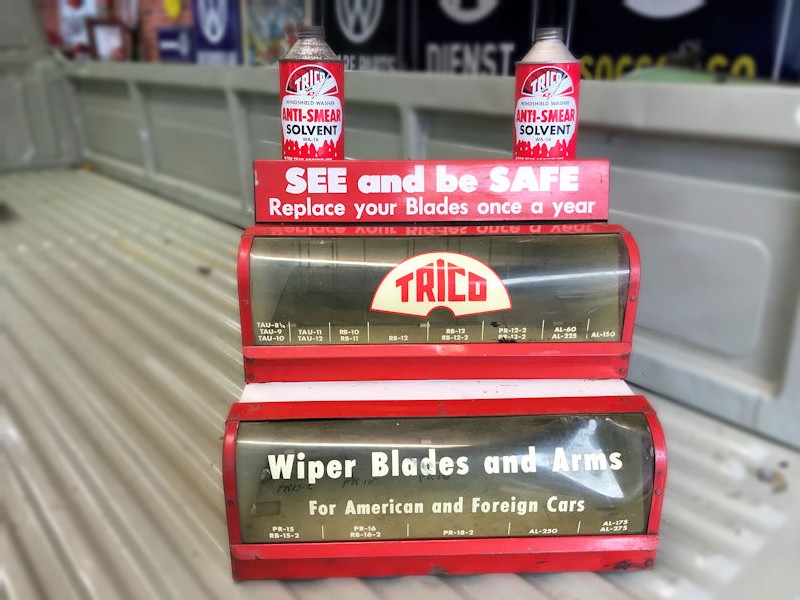 Original Trico wiper blades counter top display with two rare windshield washer cans