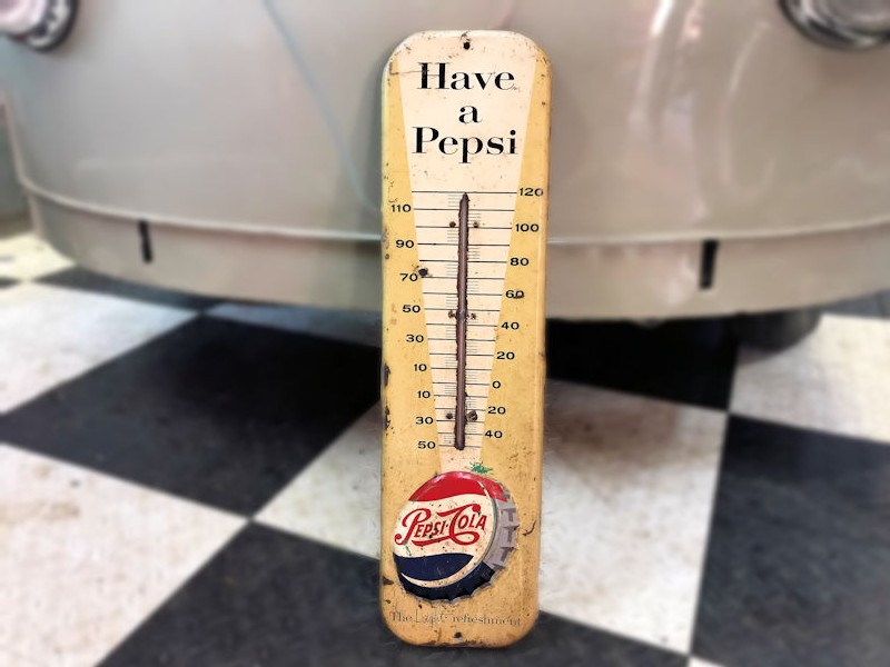 1950s painted tin Pepsi thermometer with embossed button