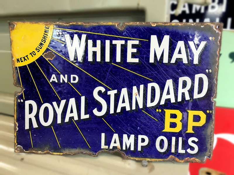 Original double sided enamel White May and Royal Standard BP lamp oils sign
