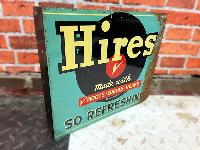 Original 1940s Hires Root Beer enamel flange sign