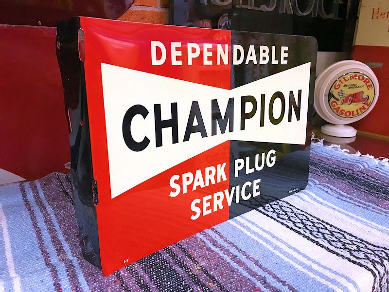 Vintage double sided tin Dependable Champion Spark Plug Service flange sign