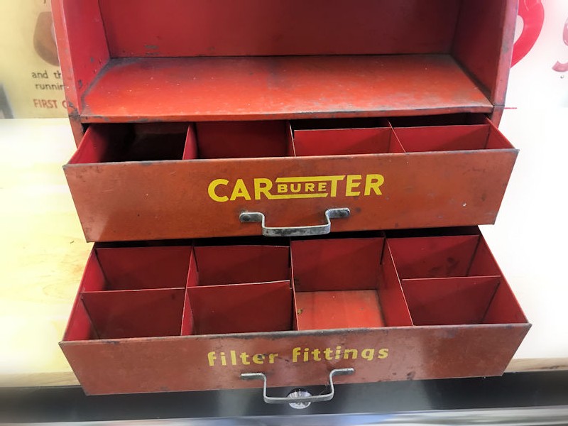 1960s carburetor ceramic fuel filter display cabinet