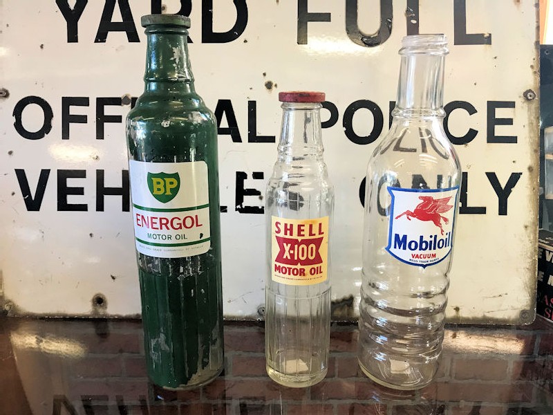 Original BP Energol, Shell and Mobiloil glass bottles