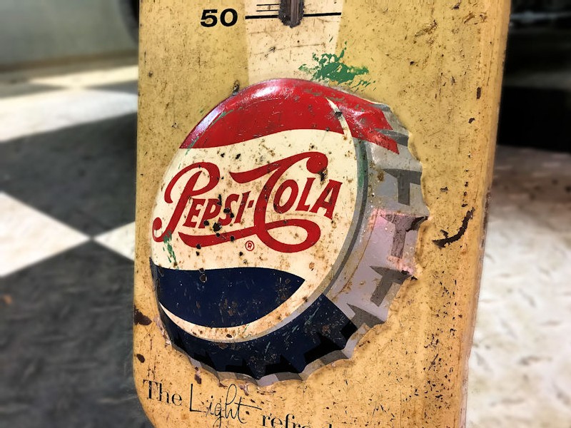 1950s painted tin Pepsi thermometer with embossed button