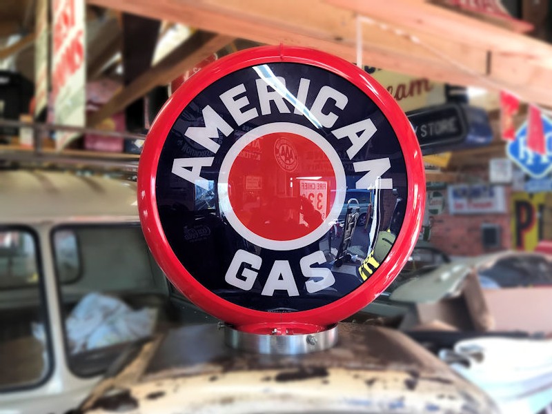 Restored original Gilbarco gas petrol pump with new American Gas globe