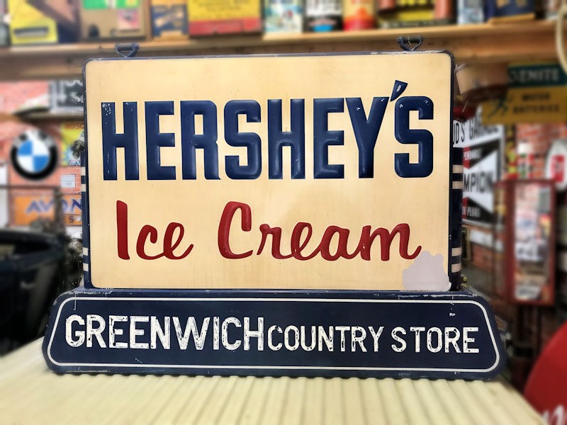 Double sided embossed tin Hershey Greenwich Country Store sign