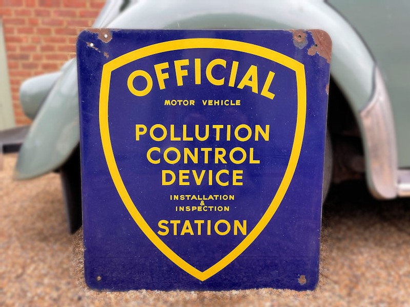 Original enamel double sided California pollution control installation and inspection sign