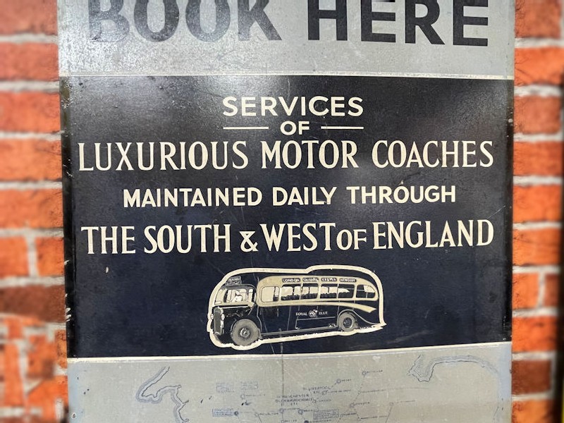 Original vintage metal Royal Blue Services coach booking office sign