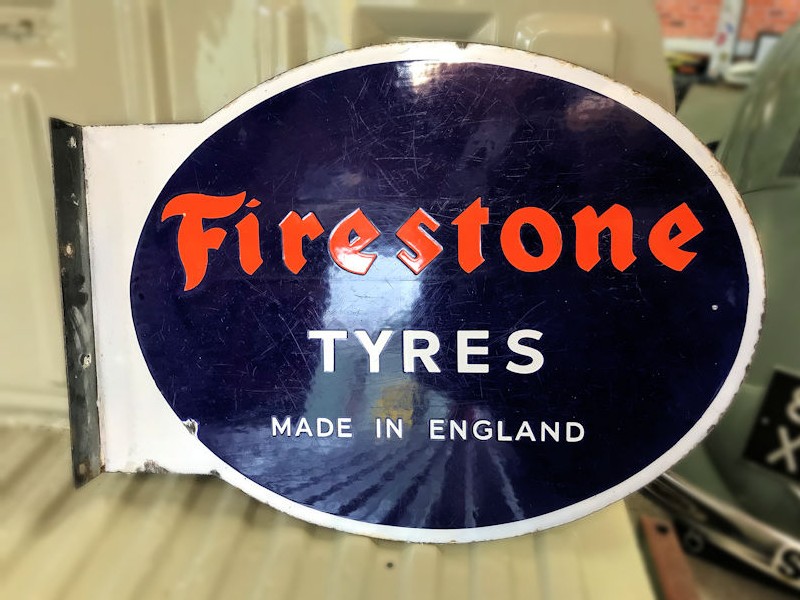 Original double sided enamel Firestone Tyres Made In England flange sign
