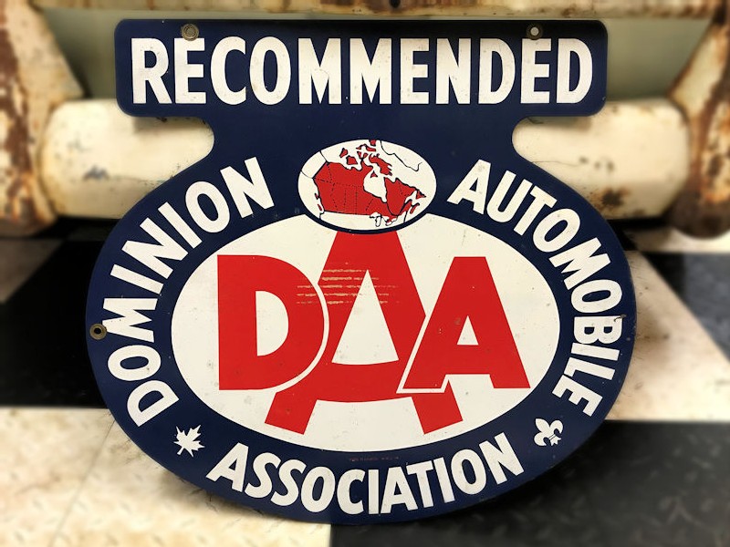 Original new old stock painted tin double sided Dominion Automobile Association sign