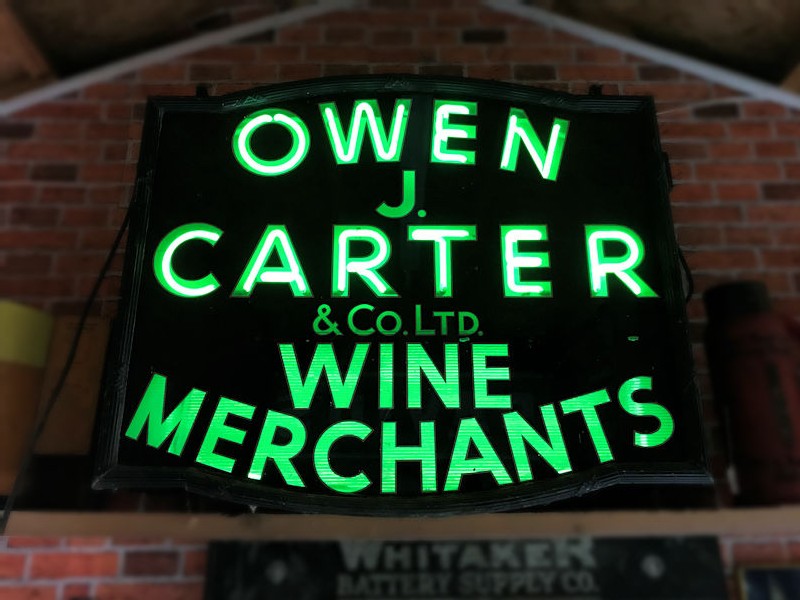 Original vintage double sided Owen J Carter Co Ltd wine merchants neon sign