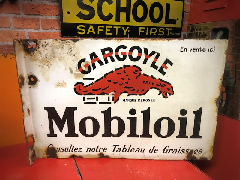 Original 1940s double sided enamel Mobiloil flange sign