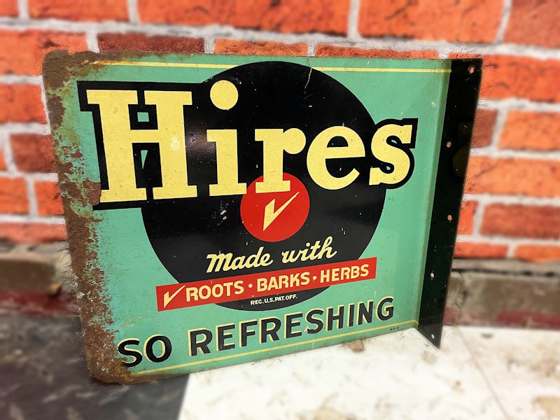 Original 1940s Hires Root Beer enamel flange sign