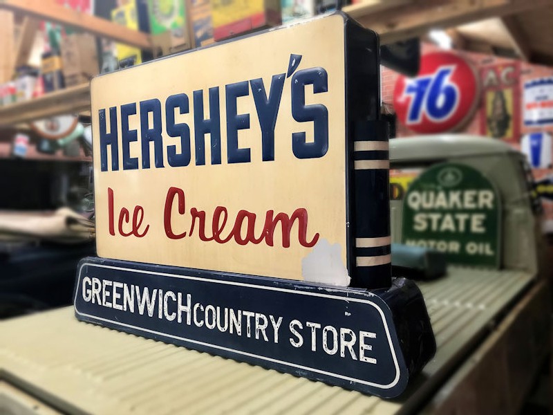 Double sided embossed tin Hershey Greenwich Country Store sign
