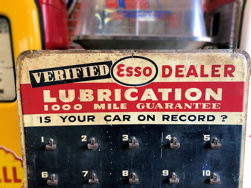 Original painted tin Esso dealer lubrication record card display-sign