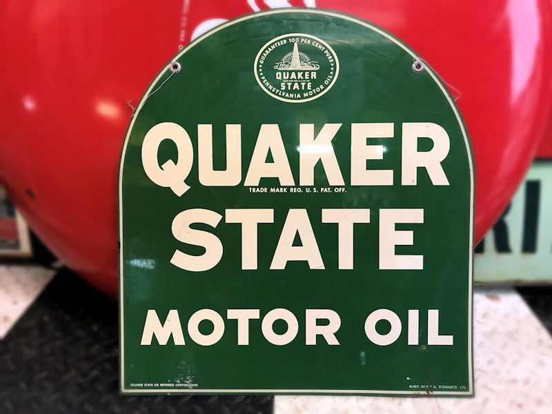 Original double sided Quaker State tombstone painted tin sign