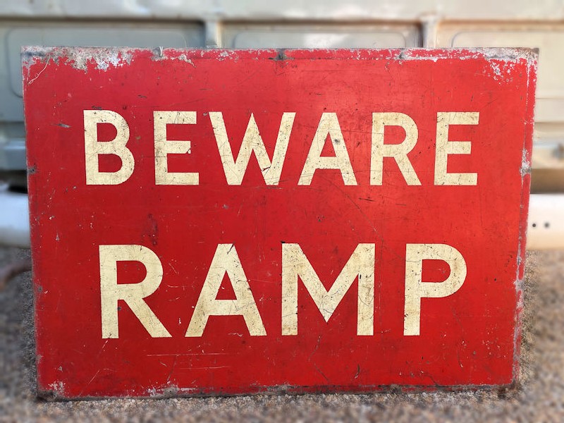 Vintage BEWARE RAMP metal sign