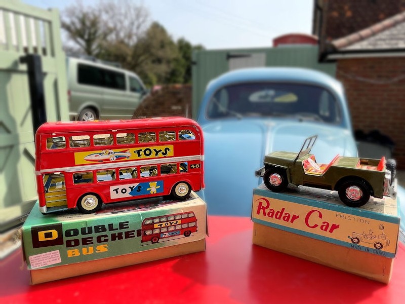 Tin plate bus and Army jeep truck
