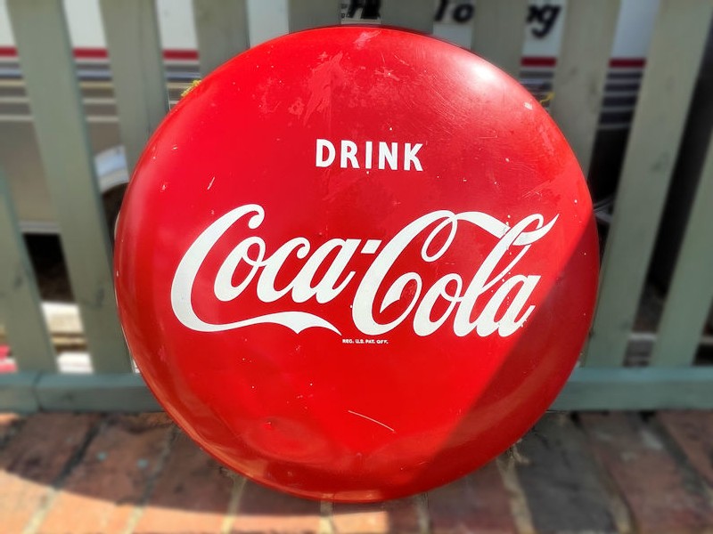 Original 24 inch painted tin Coca Cola button