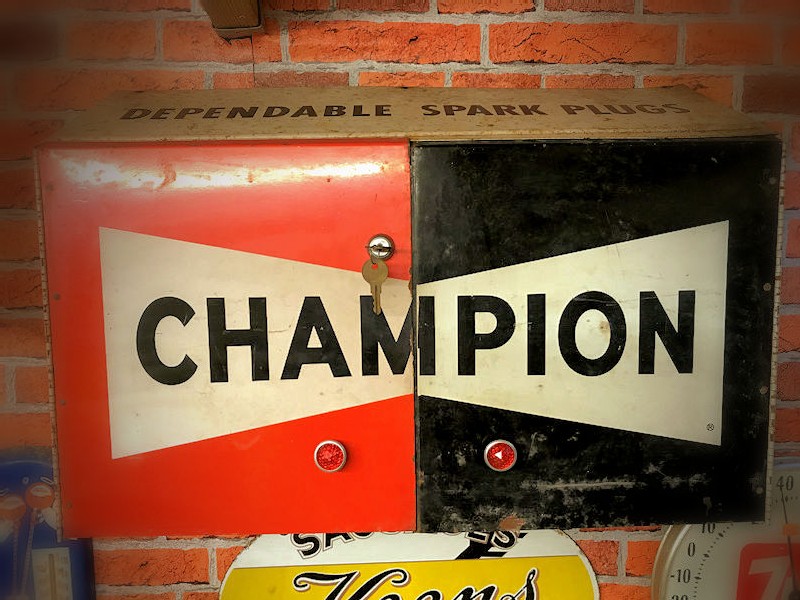 Original 1960s Champion spark plug wall mounted cabinet