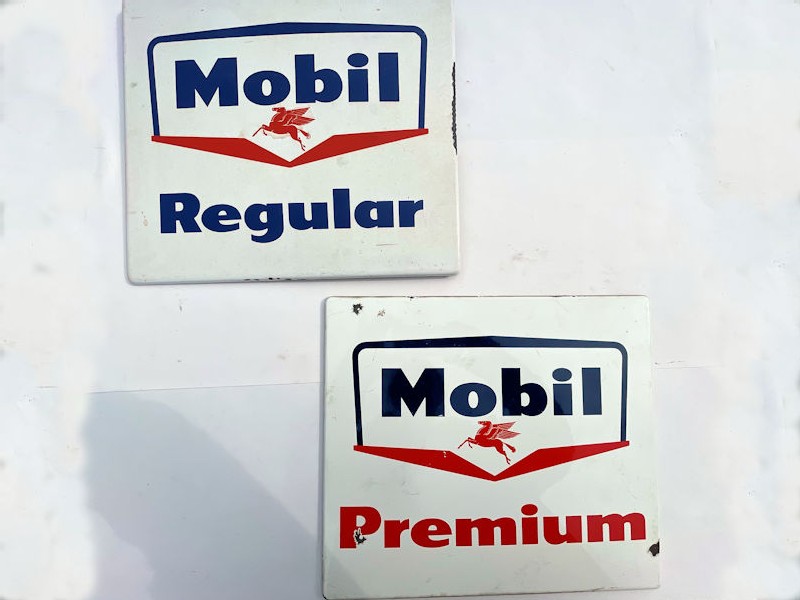 Original Mobil Regular and Mobil Premium enamel gas pump plates