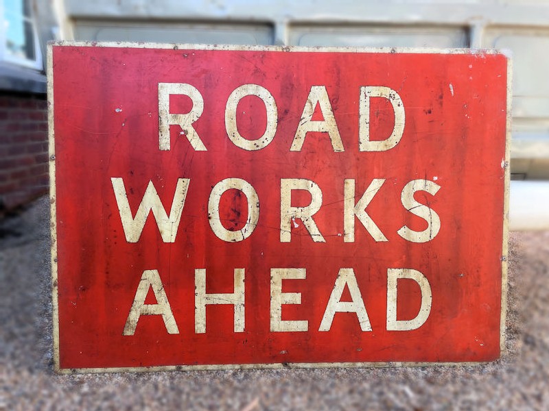 Vintage ROAD WORKS AHEAD tin sign
