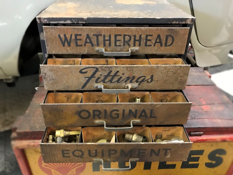 Original 1940s Weatherhead fittings counter display storage unit