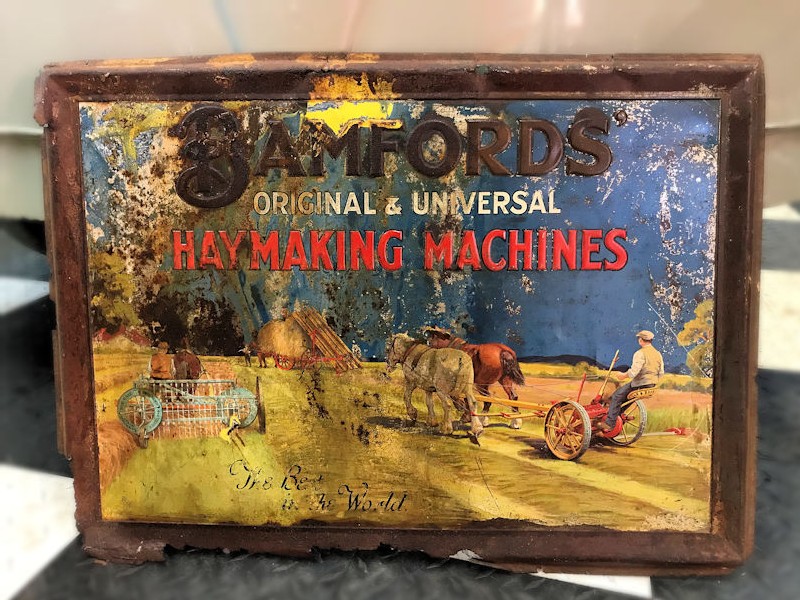 Embossed Bamfords haymaking machines painted tin sign