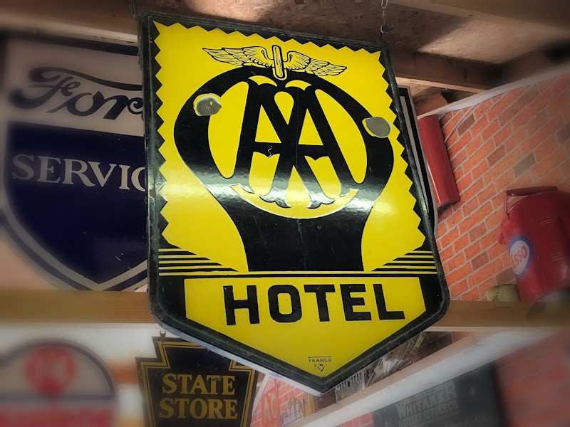 Double sided enamel AA hotel sign in original frame