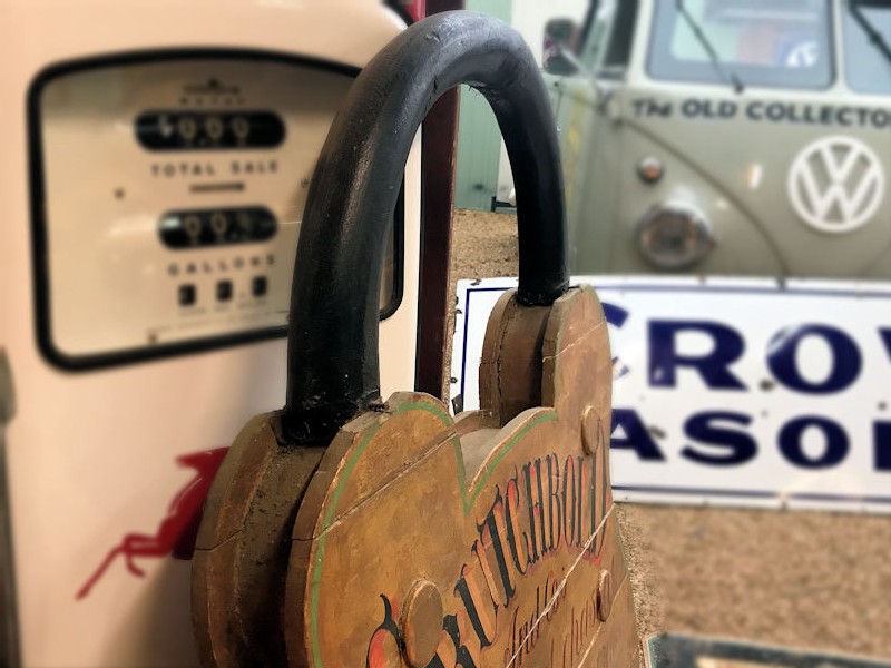 Vintage fairground wooden chastity lock advertising sign