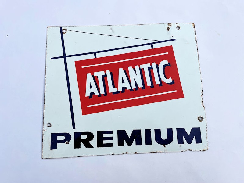 Rare Atlantic Premium enamel gas pump plate