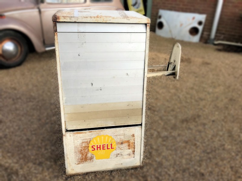 Vintage Shell oil can display cabinet