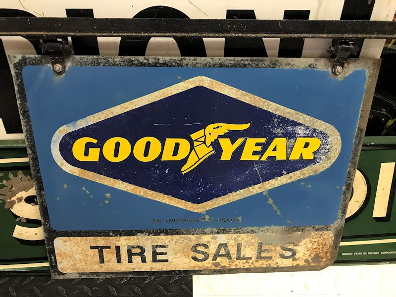 Original double sided tin Good Year Tire Sales sign and bracket