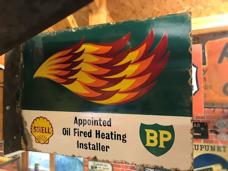 Double sided enamel Shell BP flame flange sign