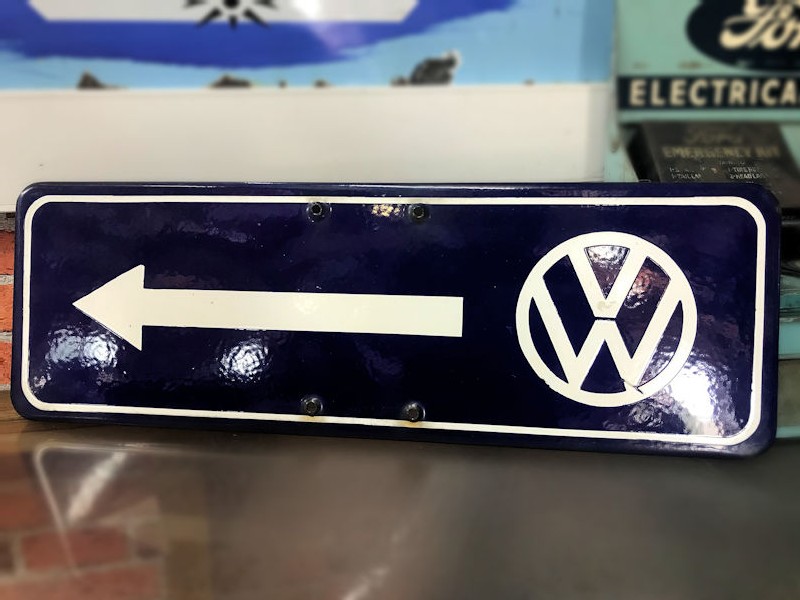 Original enamel porcelain VW left turn dealership location sign