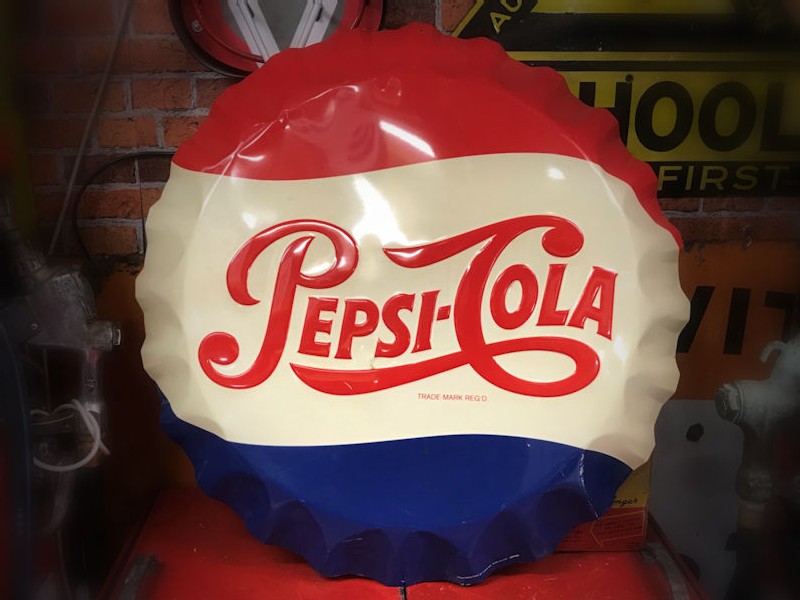 Original embossed tin Pepsi button cap sign